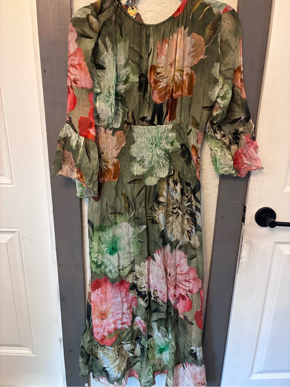 Floral V-Neck Maxi Dress in Olive & Pink - Picture 5 of 6